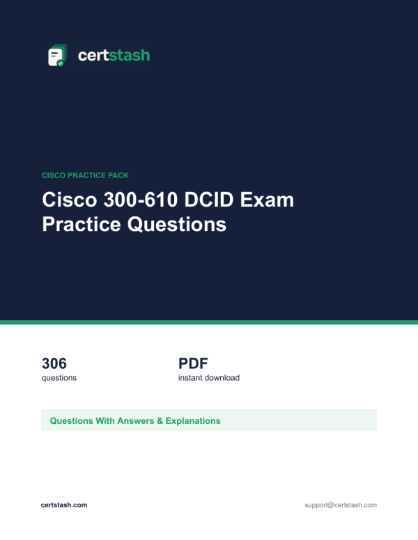 Cover of the Cisco 300-610 DCID Exam Practice Questions pack