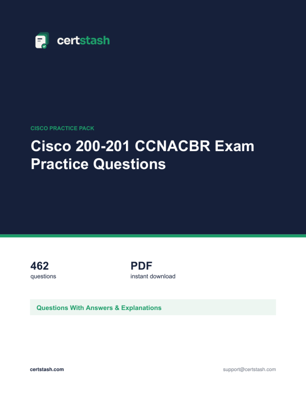 Cisco 200-201 CCNACBR Exam Practice Questions Cover of the Cisco 200-201 CCNACBR Exam Practice Questions pack
