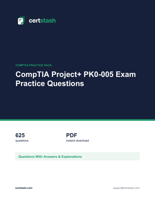 Cover of the CompTIA Project+ PK0-005 Exam Practice Questions pack