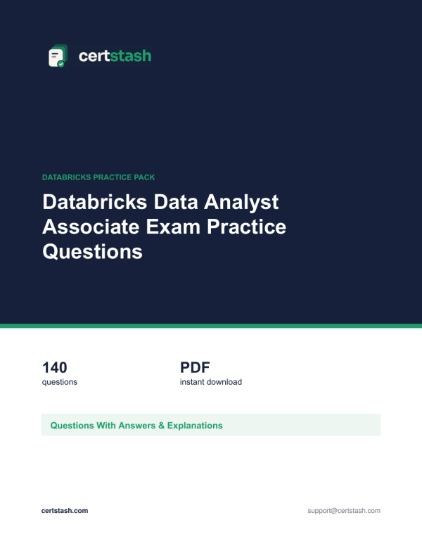 Databricks Data Analyst Associate Exam Practice Questions Cover of the Databricks Data Analyst Associate Exam Practice Questions pack