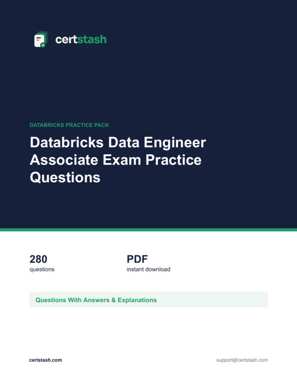 Databricks Data Engineer Associate Exam Practice Questions Cover of the Databricks Data Engineer Associate Exam Practice Questions pack