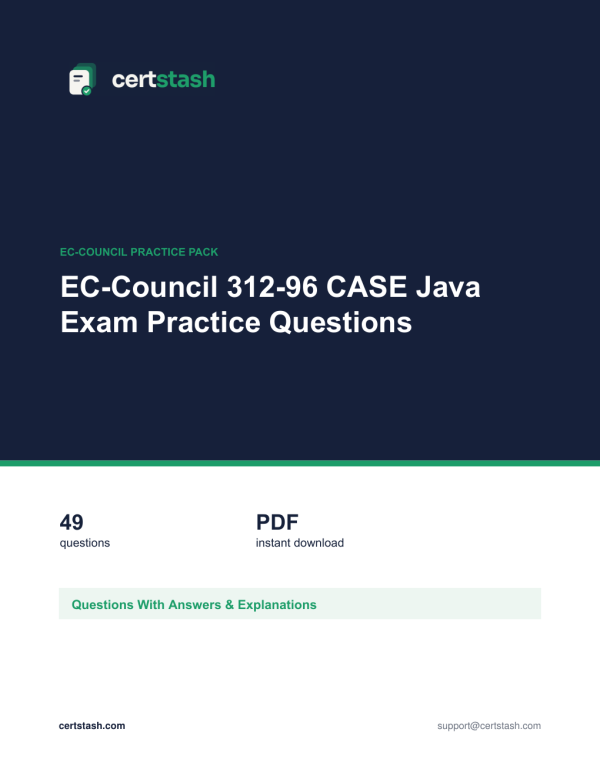 Cover of the EC-Council 312-96 CASE Java Exam Practice Questions pack