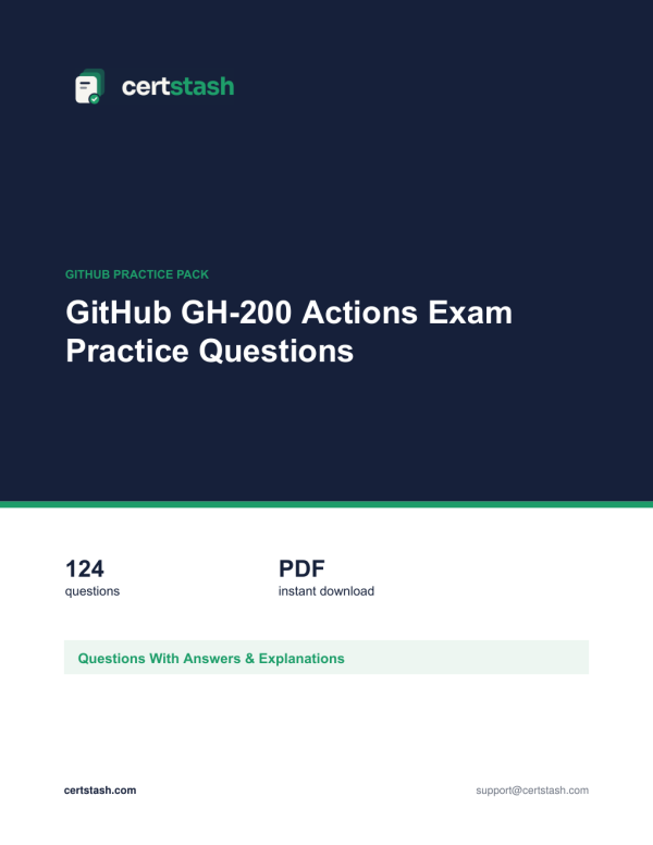 Cover of the GitHub GH-200 Actions Exam Practice Questions pack