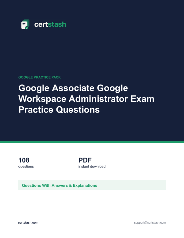 Cover of the Google Associate Google Workspace Administrator Exam Practice Questions pack