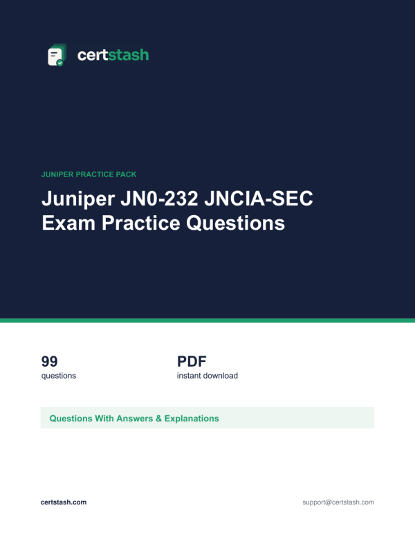 Cover of the Juniper JN0-232 JNCIA-SEC Exam Practice Questions pack