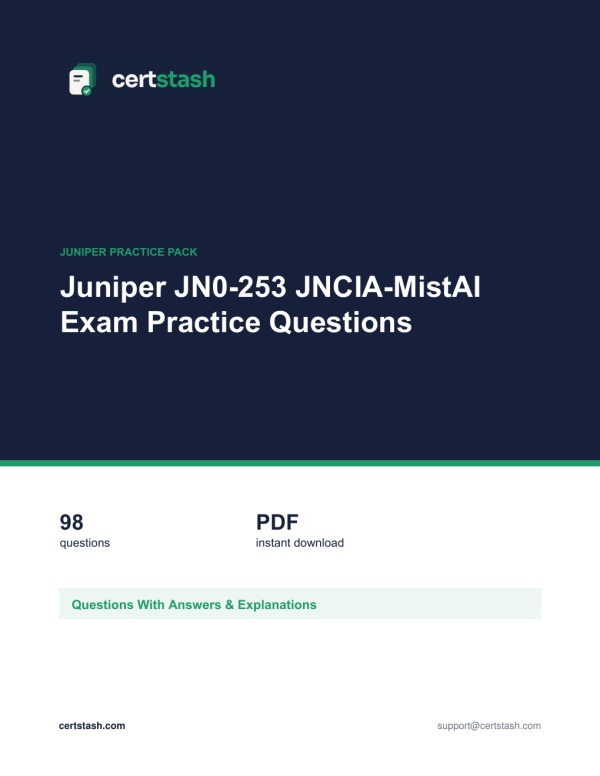 Cover of the Juniper JN0-253 JNCIA-MistAI Exam Practice Questions pack