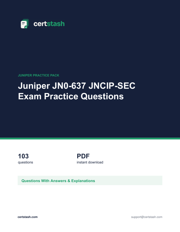 Juniper JN0-637 JNCIP-SEC Exam Practice Questions Cover of the Juniper JN0-637 JNCIP-SEC Exam Practice Questions pack