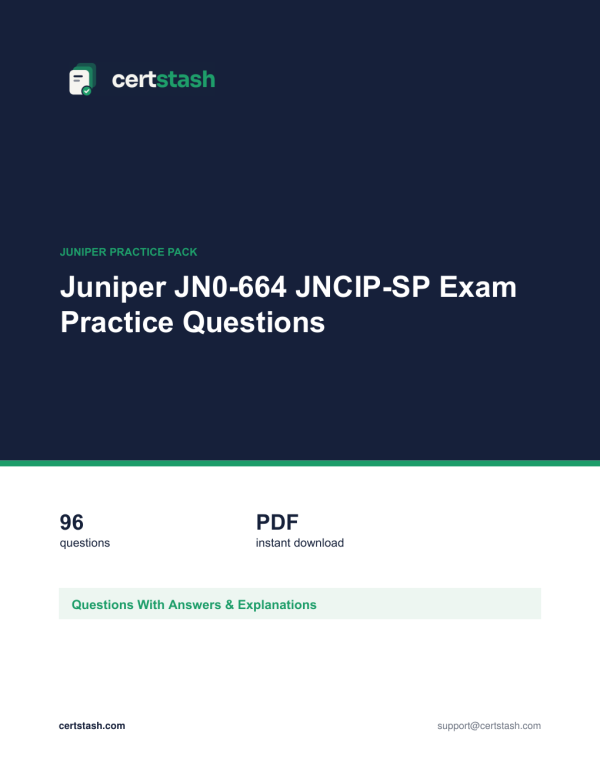 Juniper JN0-664 JNCIP-SP Exam Practice Questions Cover of the Juniper JN0-664 JNCIP-SP Exam Practice Questions pack