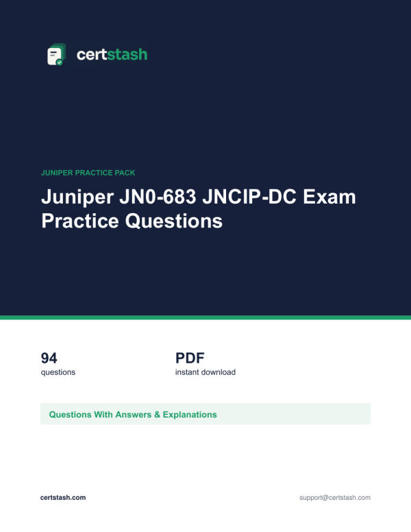 Cover of the Juniper JN0-683 JNCIP-DC Exam Practice Questions pack