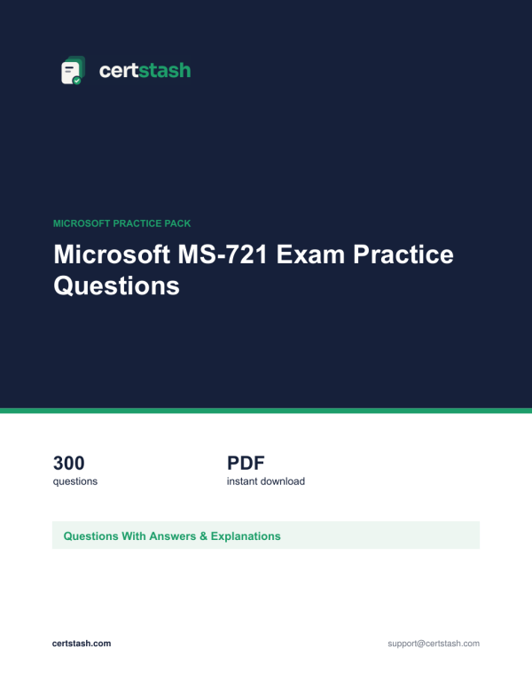 Cover of the Microsoft MS-721 Exam Practice Questions pack
