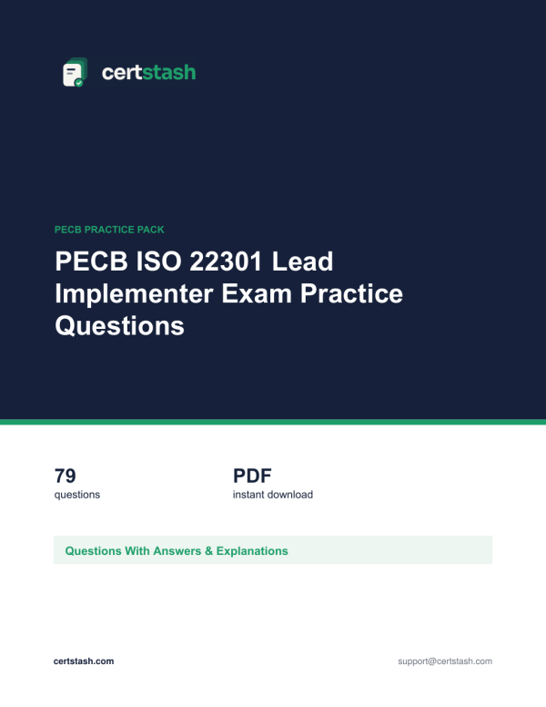 PECB ISO 22301 Lead Implementer Exam Practice Questions Cover of the PECB ISO 22301 Lead Implementer Exam Practice Questions pack