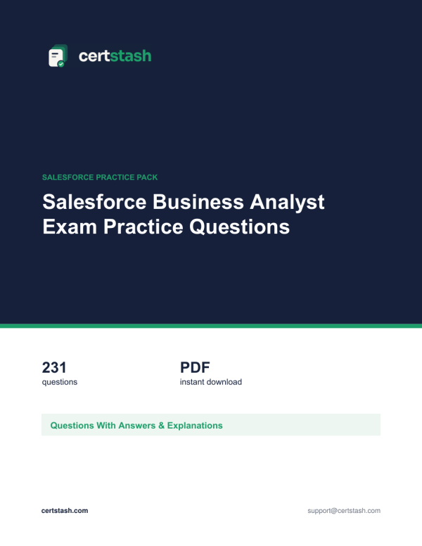 Salesforce Business Analyst Exam Practice Questions Cover of the Salesforce Business Analyst Exam Practice Questions pack