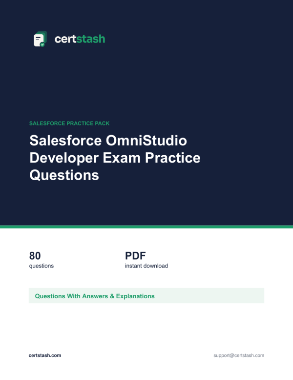 Salesforce OmniStudio Developer Exam Practice Questions Cover of the Salesforce OmniStudio Developer Exam Practice Questions pack