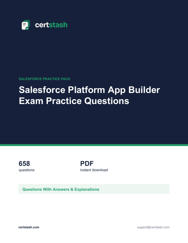 Cover of the Salesforce Platform App Builder Exam Practice Questions pack