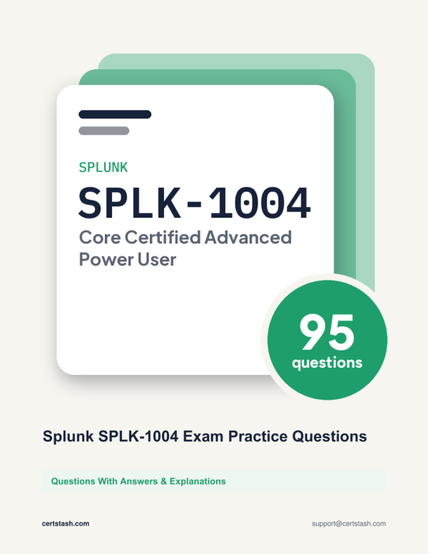Cover of the Splunk SPLK-1004 Exam Practice Questions pack