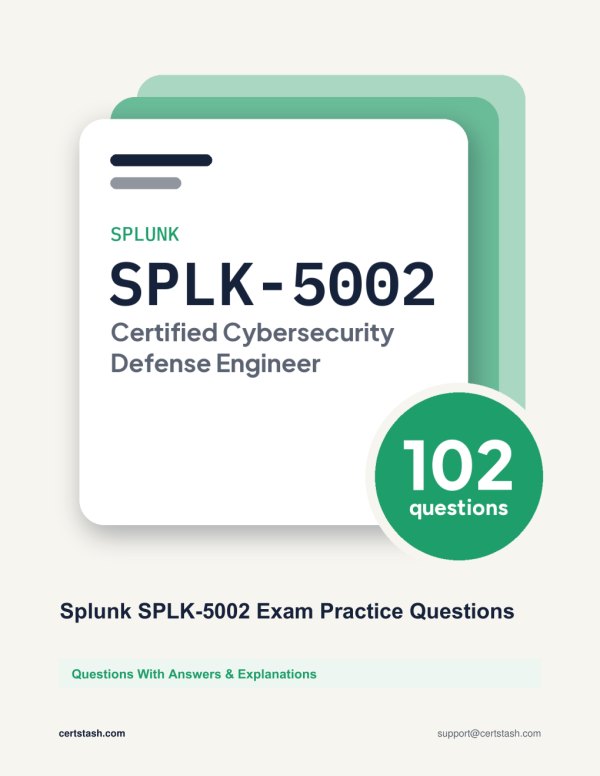 Cover of the Splunk SPLK-5002 Exam Practice Questions pack